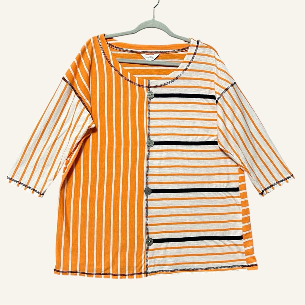Coral Bay Orange and White Striped Top Tee  Size 1X Elbow Sleeve 100% Cotton